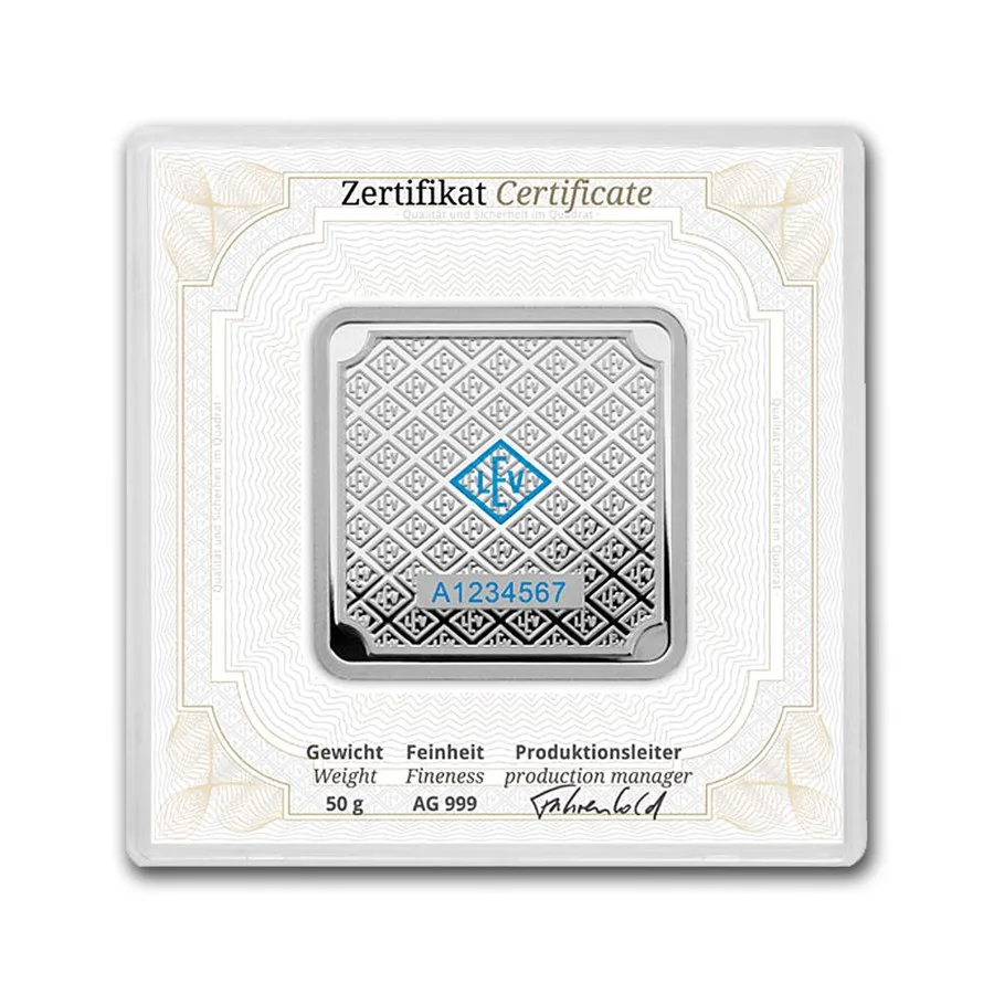 50 gram Silver Square- Geiger Edelmetalle (Encapsulated w/Assay) - Image 2