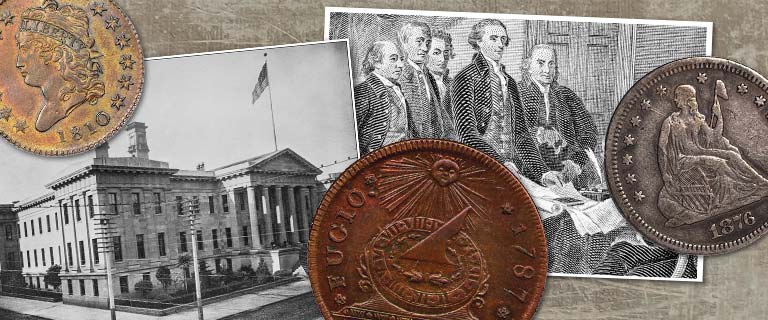 coins from America's milestone anniversaries including 1776, 1826, 1876, 1976, and the 2026 Semiquincentennial