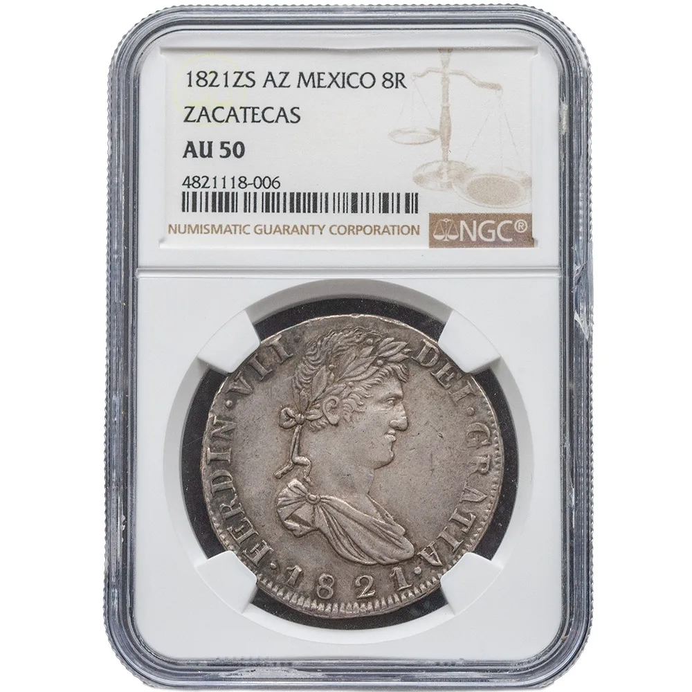 1821-ZS|AZ Mexico 8 Reales Zacatecas NGC AU 50