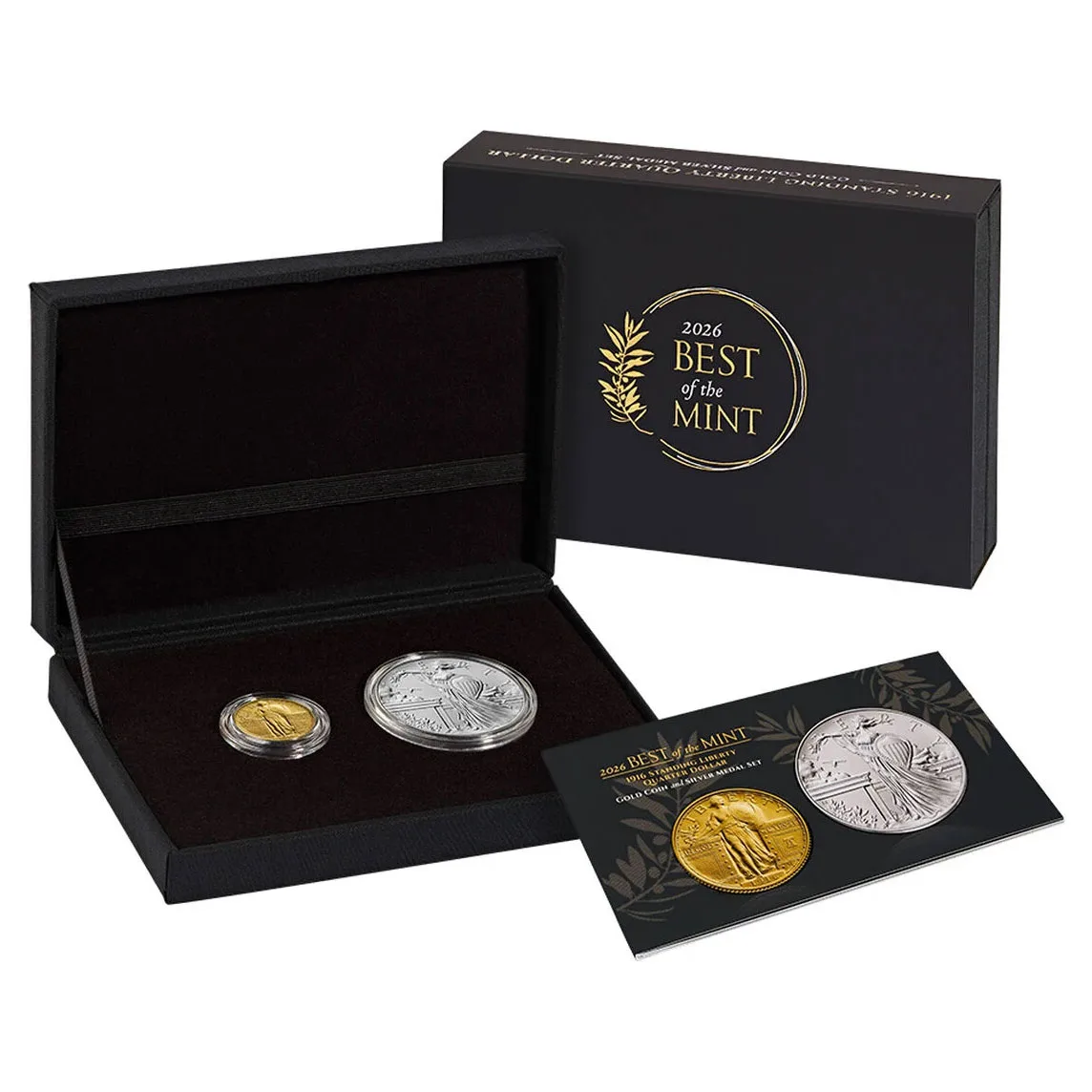 1916 Standing Liberty Quarter Dollar Gold Coin / Silver Medal Set