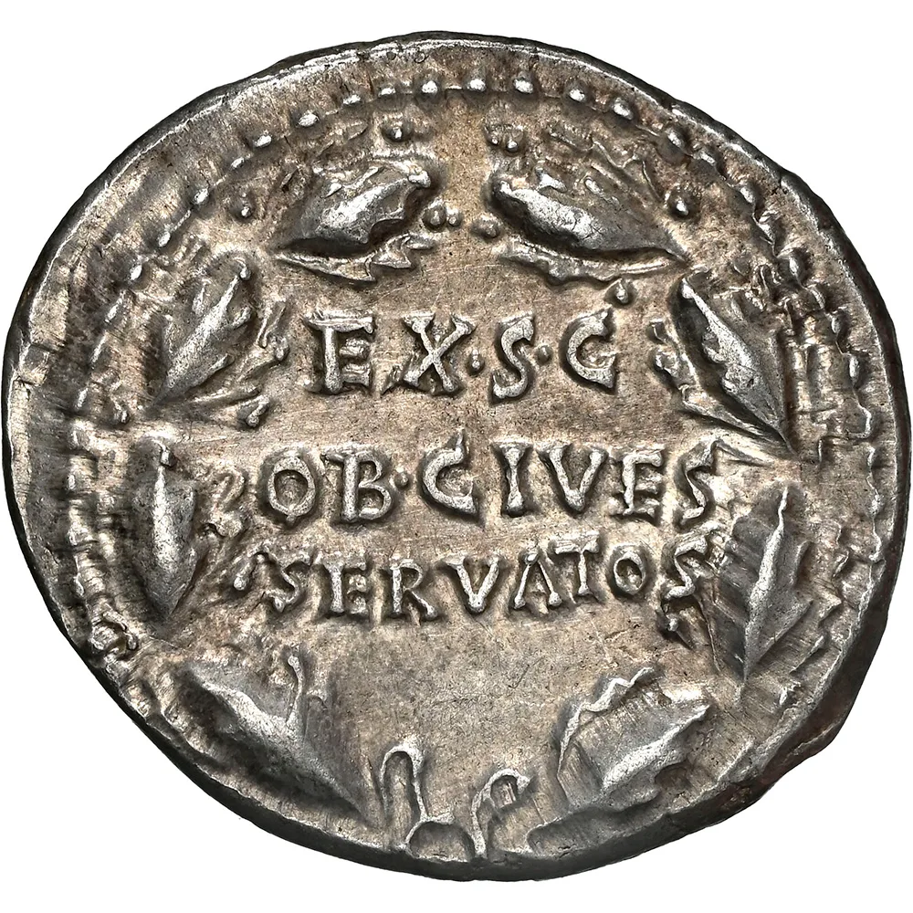 Claudius AD 41-54 AR Denarius SERVATOS in oak wreath rv EX SC OB CIVES NGC Ch XF
