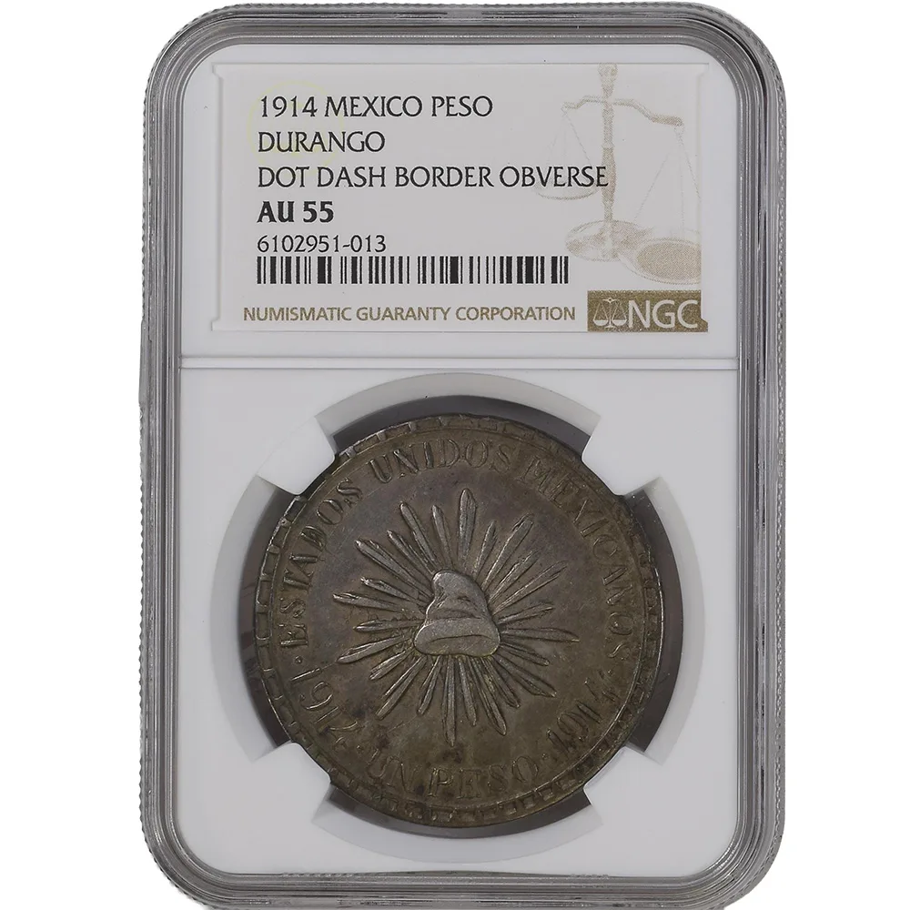 1914 Mexico Muera Huerta Peso Durango Dot Dash Border NGC AU 55