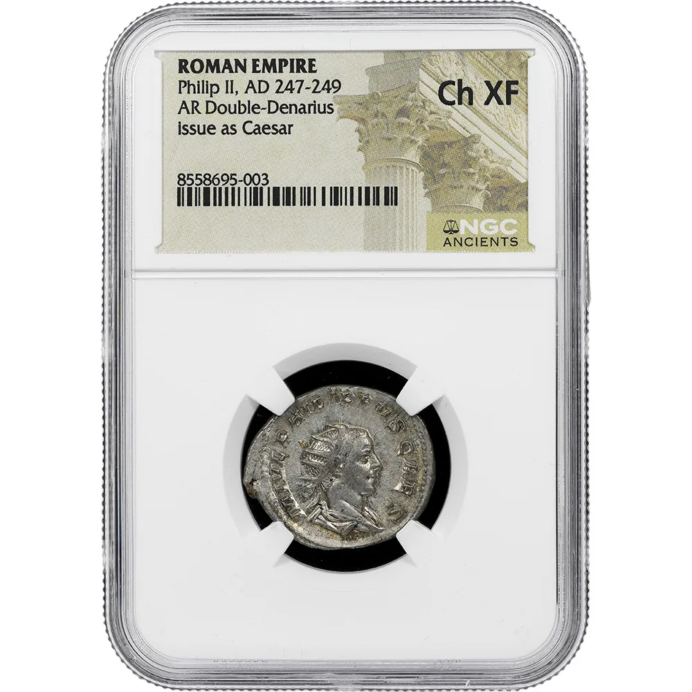 Roman Empire Phillip II Issued as Ceasar AD 247-49 AR Double-Denarius NGC CH XF