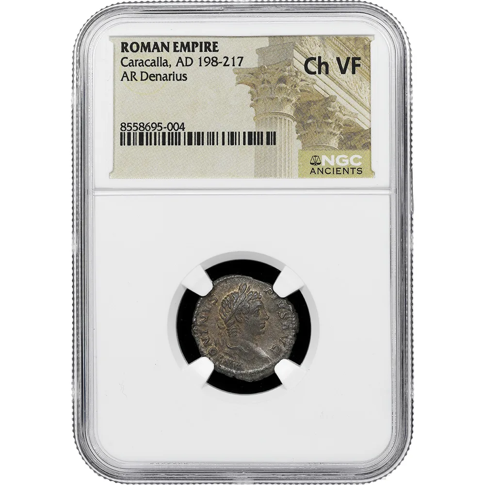 AD 198-217 Roman Empire Caracalla AR Denarius RIC 150 NGC CH VF