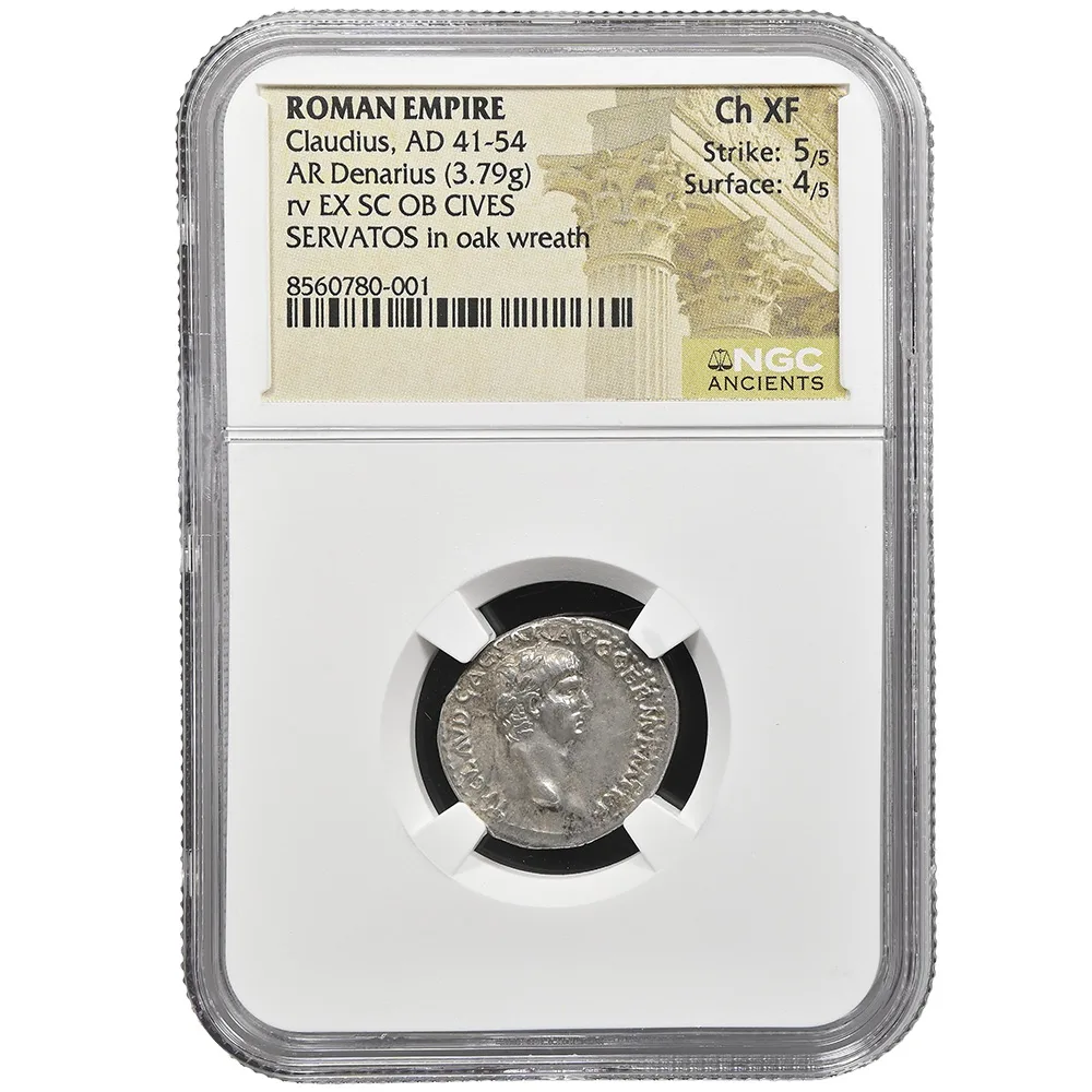 Claudius AD 41-54 AR Denarius SERVATOS in oak wreath rv EX SC OB CIVES NGC Ch XF