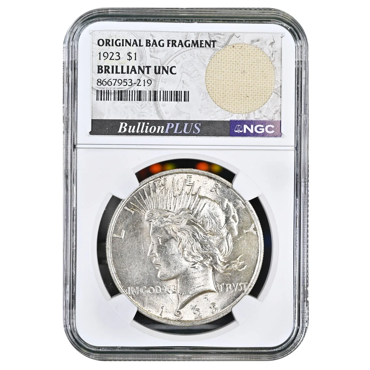 1923 $1 Peace Dollar Original Bag Fragment NGC Briliant UNC