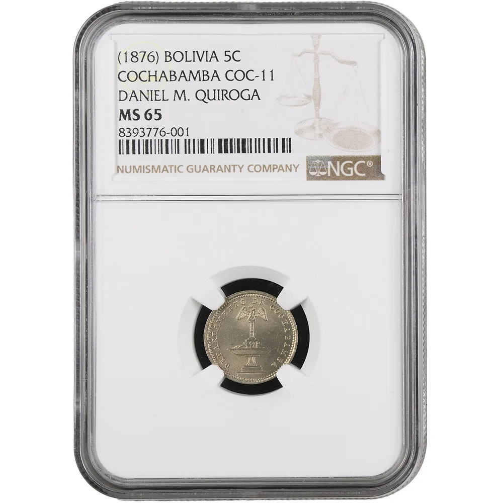 1876 Bolivia Cochabamba 5 Centavos COC-11 Daniel M. Quiroga NGC MS65