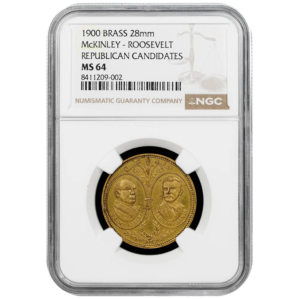1900 Medal McKinley Roosevelt Brass Republican Candidates NGC MS 64