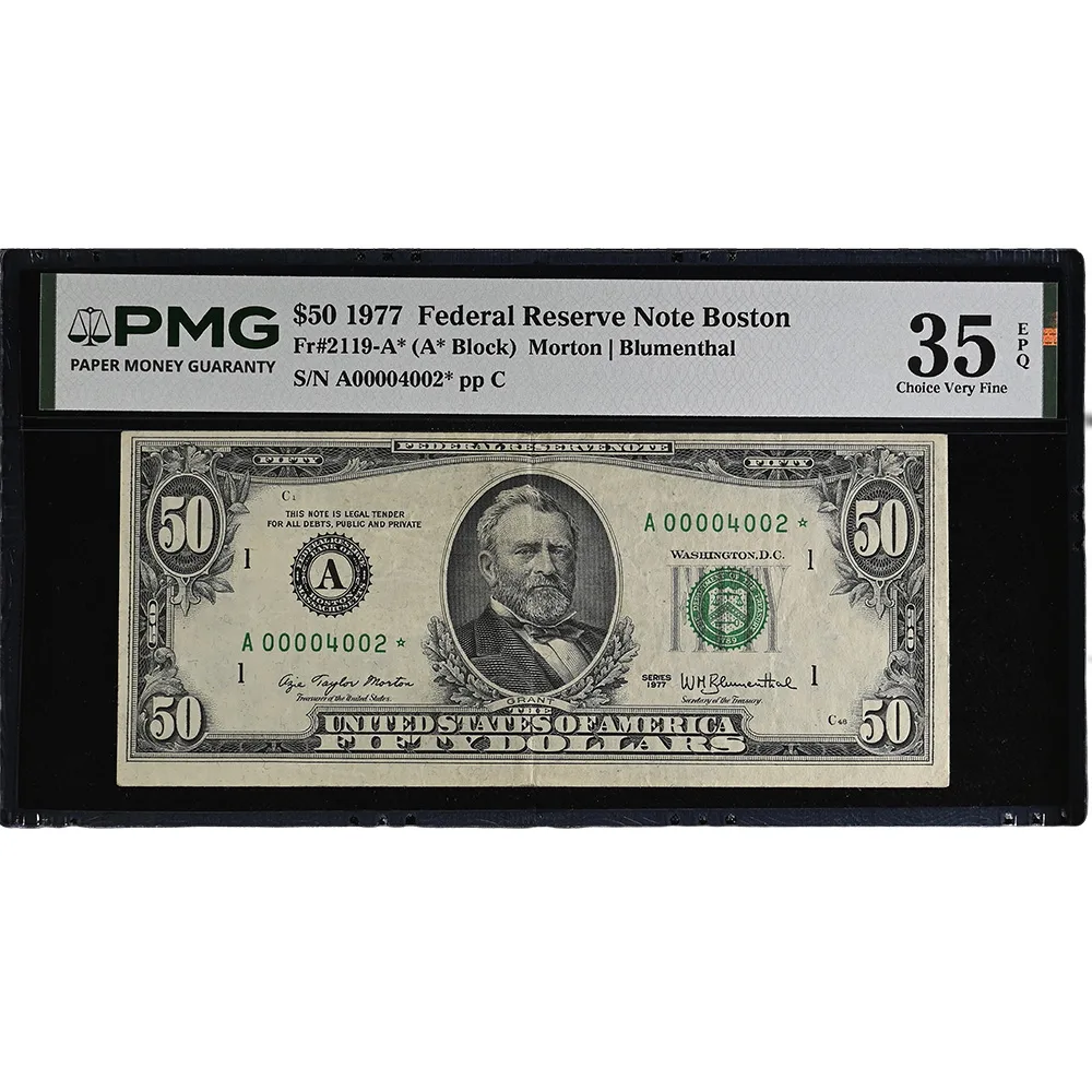 1977 $50 Federal Reserve Note Boston PMG CH VF 35 EPQ FR#2119-A* Low Serial