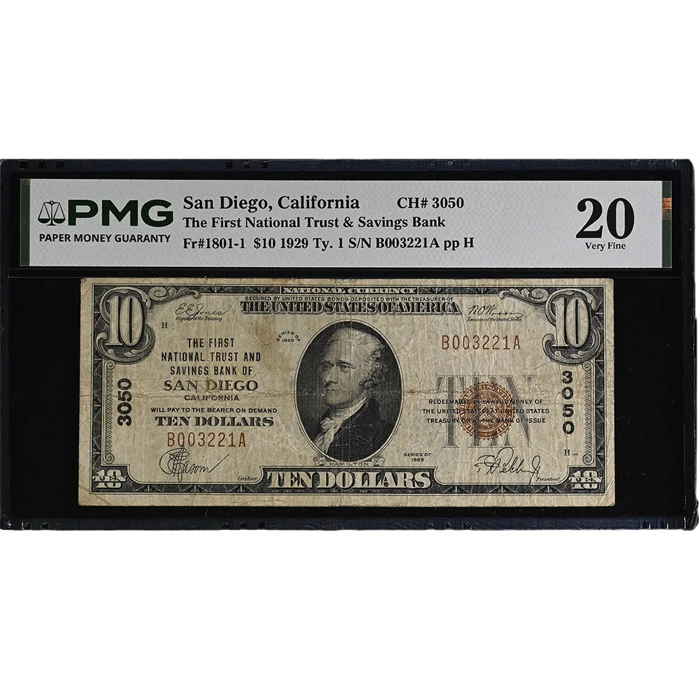 San Diego, California $10 1929 The First National Trust & Saving Bank Ty. 1 Small Size CH#3050 PMG VF 20