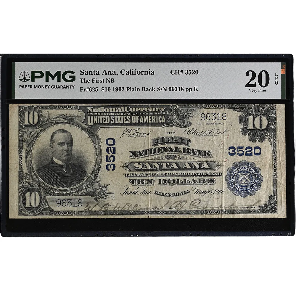 Santa Ana, CA – $10 1902 Plain Back Fr. 625 The First NB Ch. # 3520 PMG VF 20 EPQ