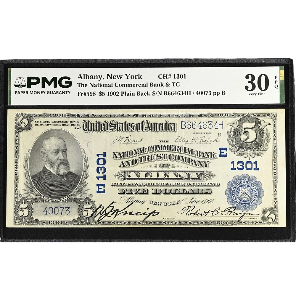 Albany, New York – $5 1902 Fr. 598 The National Commercial Bank & TC Ch. # 1301 PMG VF 30 EPQ