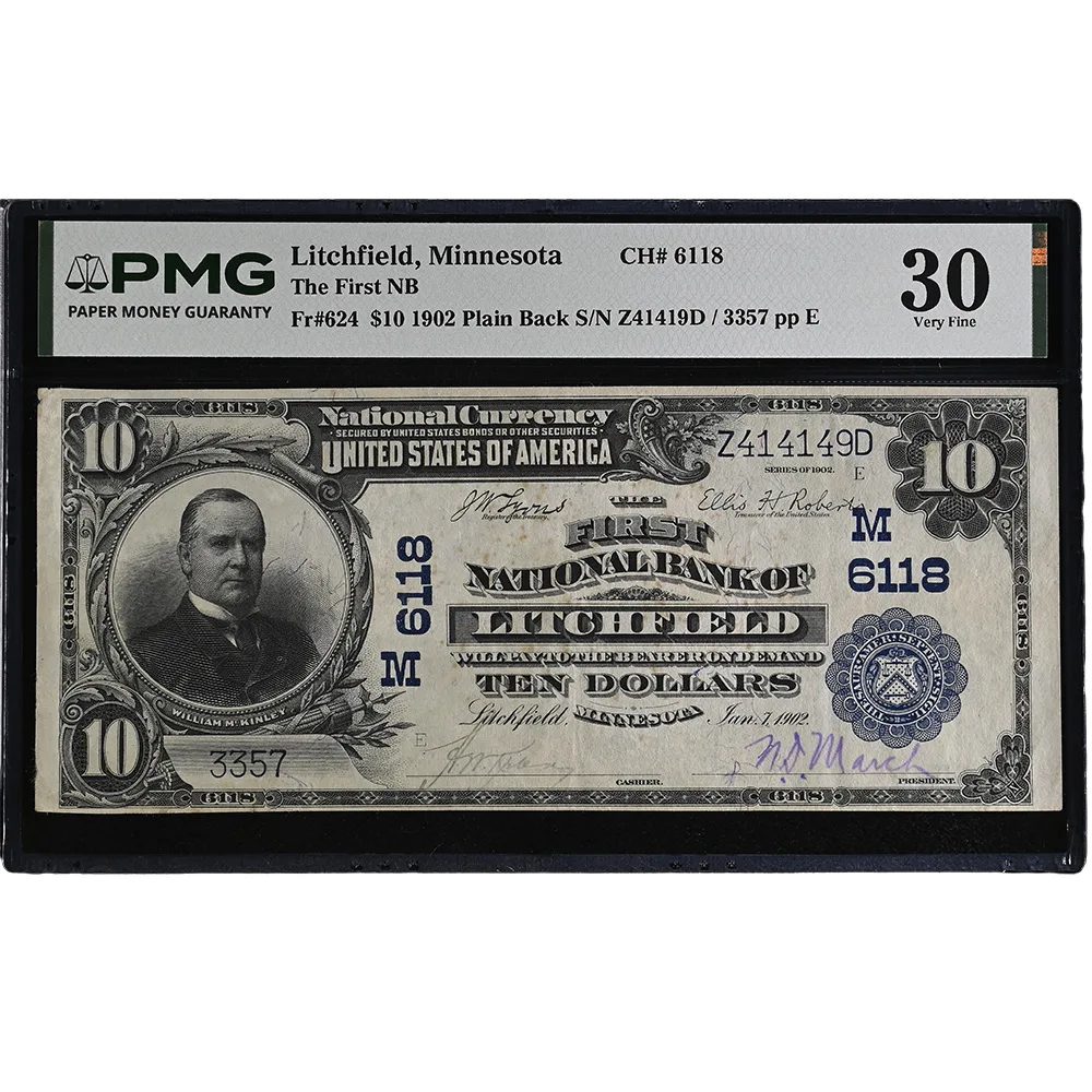 Litchfield, Minnesota – $10 1902 Plain Back Fr. 624 The First NB Ch. # 6118 PMG VF 30
