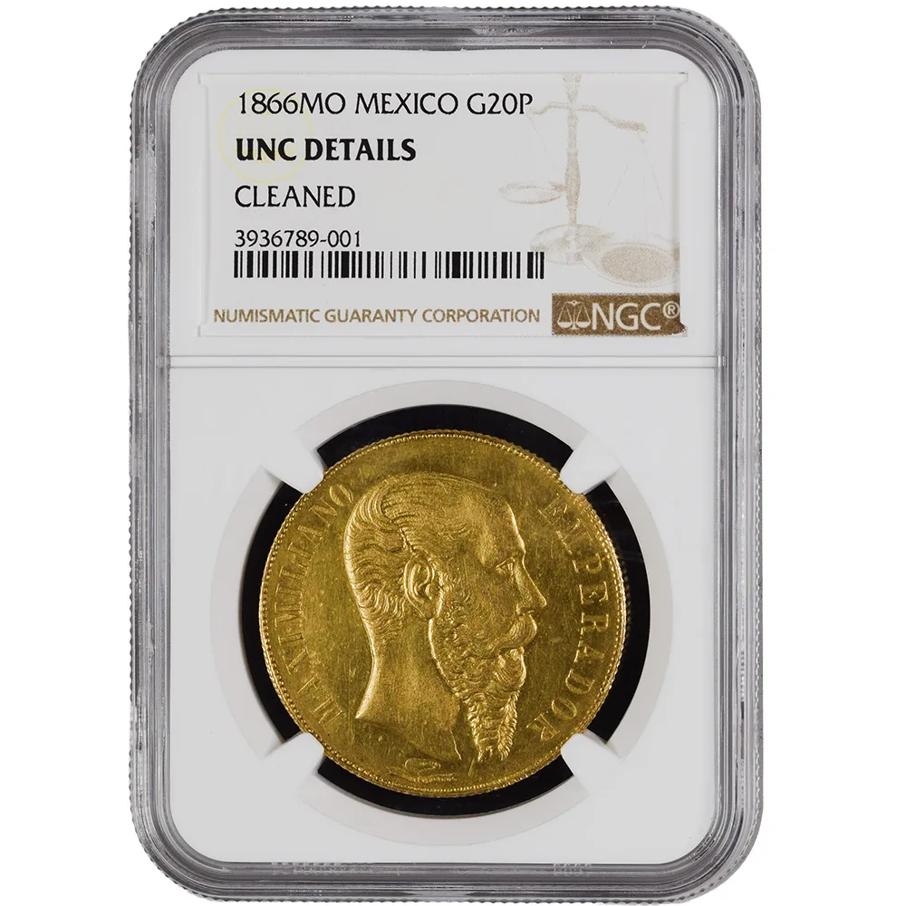1866 Mexico Gold Maximiliano I 20 Pesos NGC UNC