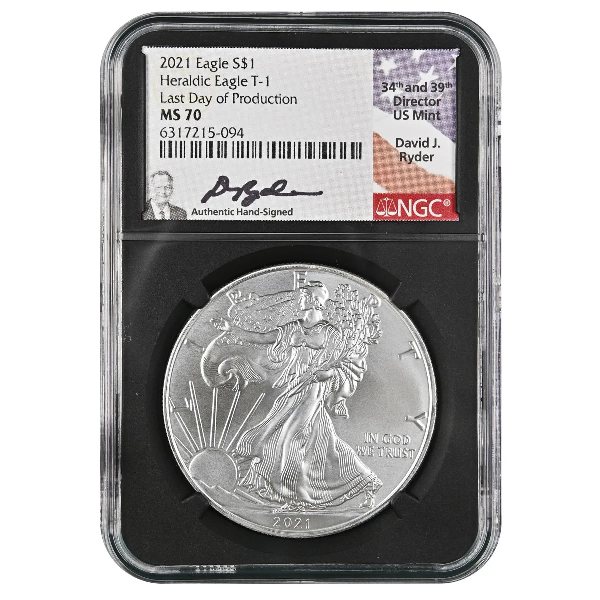 2021 $1 T-1 American Silver Eagle NGC MS70- Ryder Hand Signed