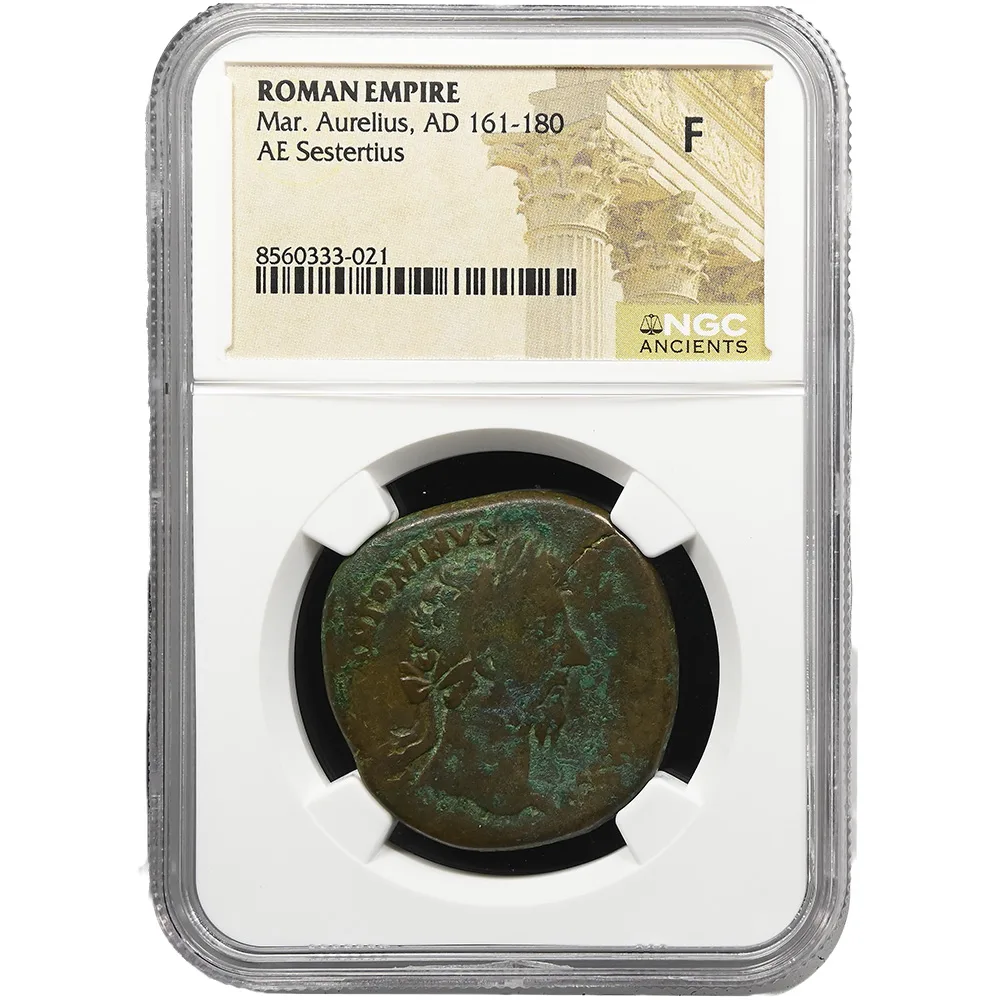 Roman Empire Marcus Aurelius 161-180 AE Sesterius PRIMI DECENNALES RIC 1006 NGC F