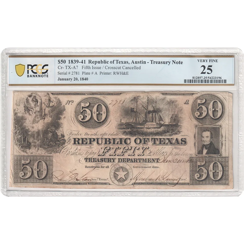 1839-1841's $50 Republic Of Texas, Austin Treasury Note PCGS VF 25